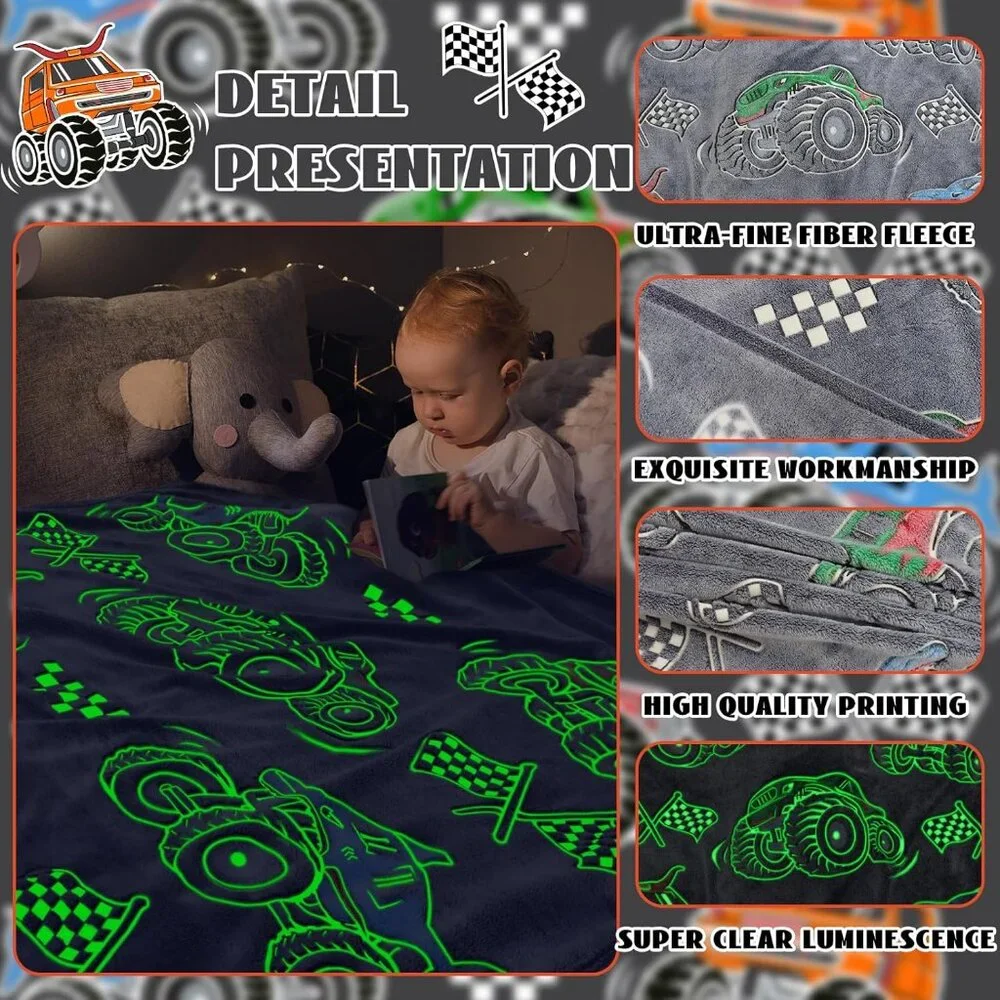 Boys Truck Car Toys Glow in the Dark Blanket Soft Fleece Tractor Room Decor
